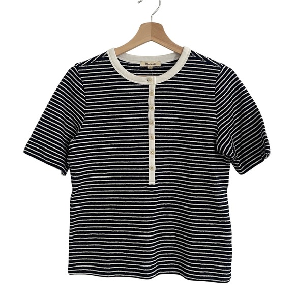 Madewell Striped Elbow Sleeve Henley Tee Shirt Top Womens Medium Navy Cotton - Picture 3 of 10